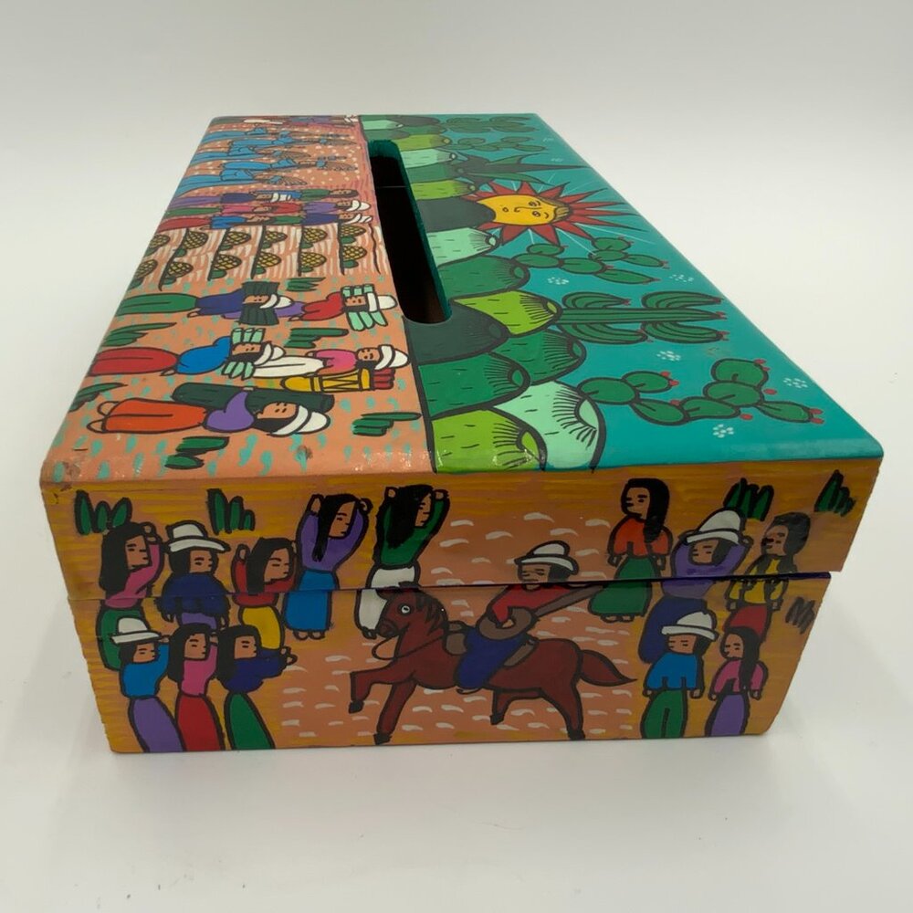 Colorful Handmade Signed Pedro Marcos Mexican Storytelling Wooden Tissue Box 11”